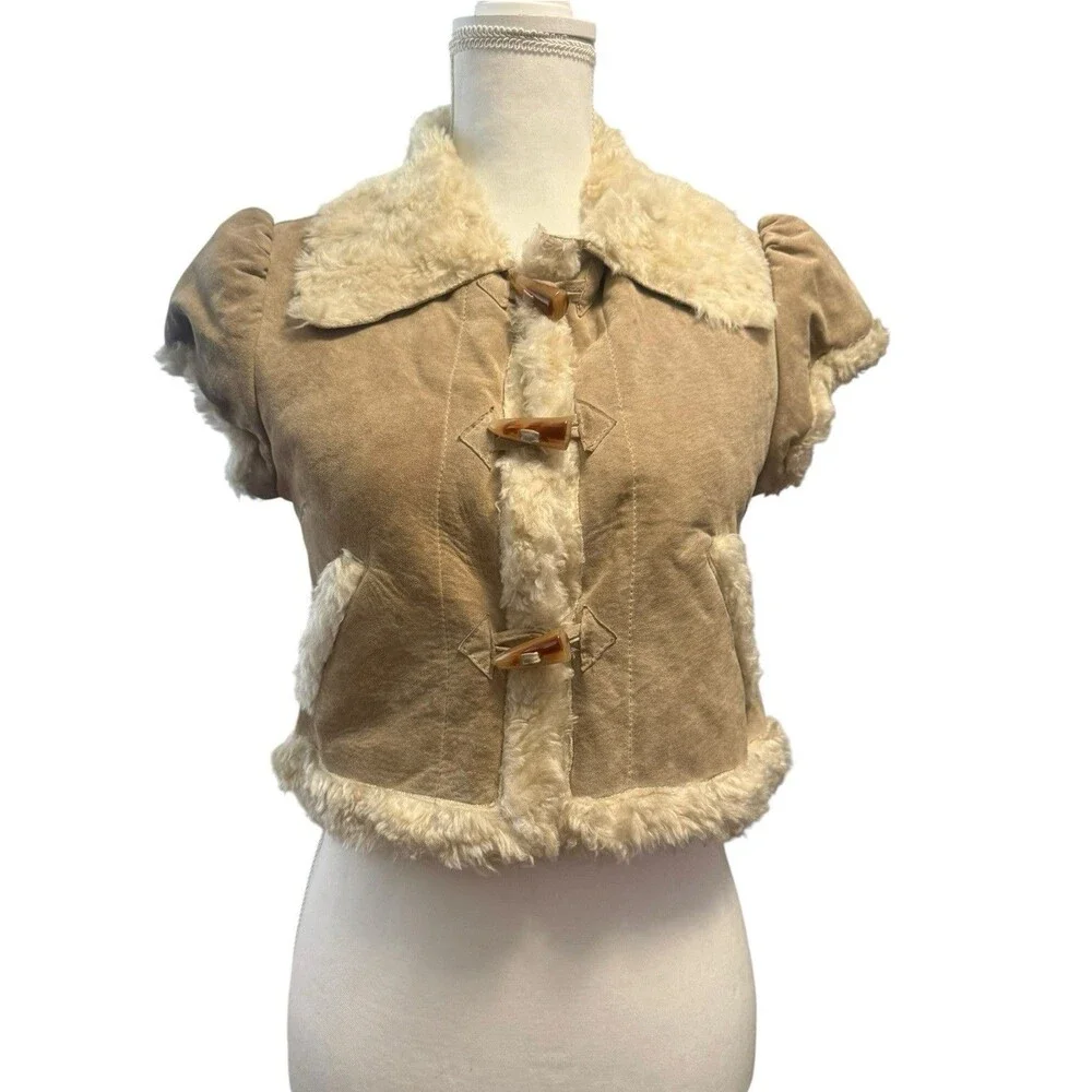 Arden B. Genuine Suede Faux Shearling Cropped Toggle Jacket Size M Y2K